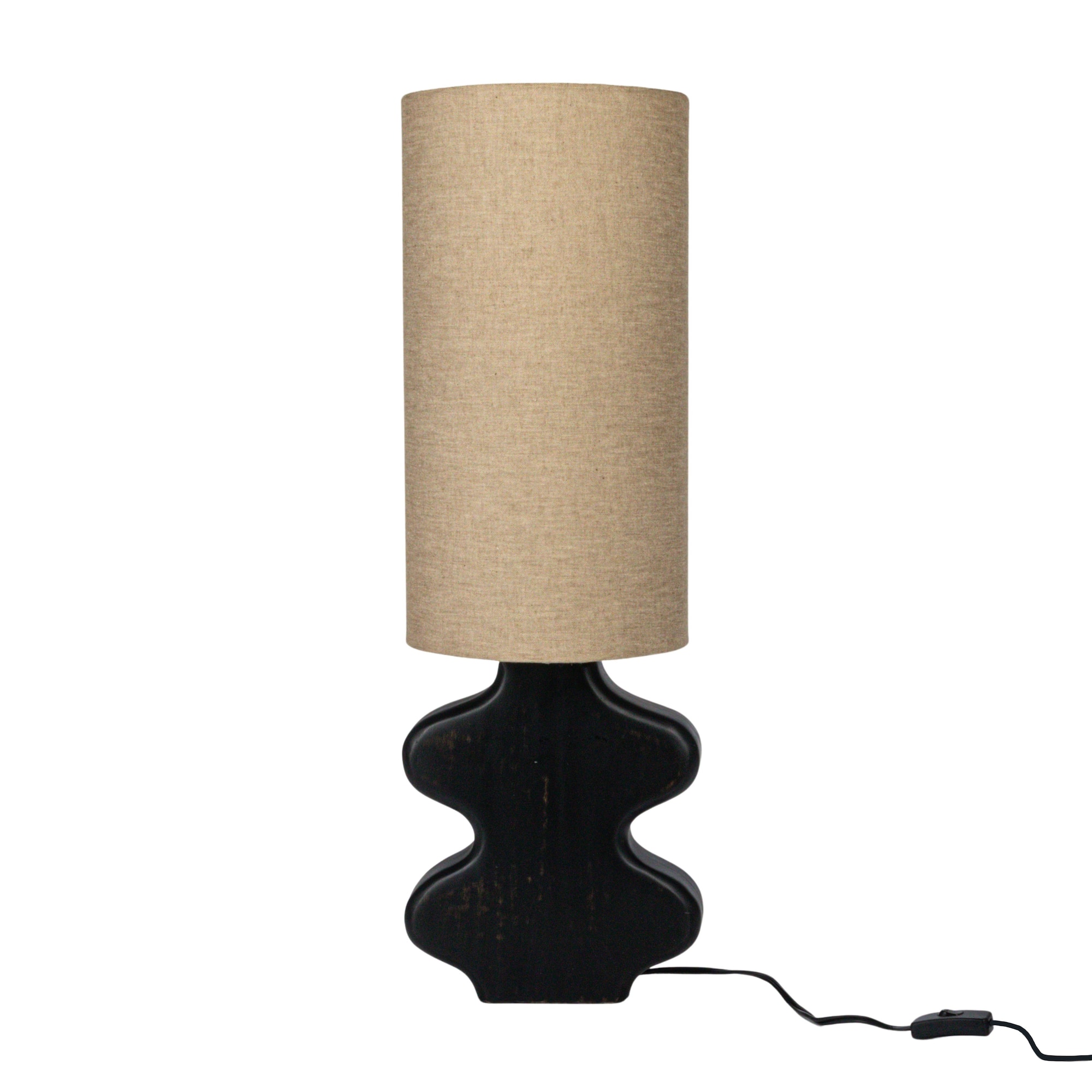 Hello Honey® 2ft. Black & Natural Mango Wood Abstract Shaped Table Lamp with Cotton Shade & Inline Switch